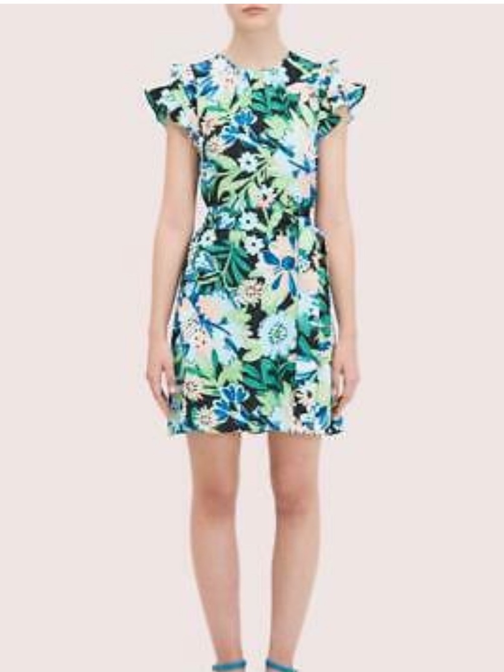Kate Spade Full Bloom Belted Dress Ruffle Sleeves Floral Green Blue Size 10